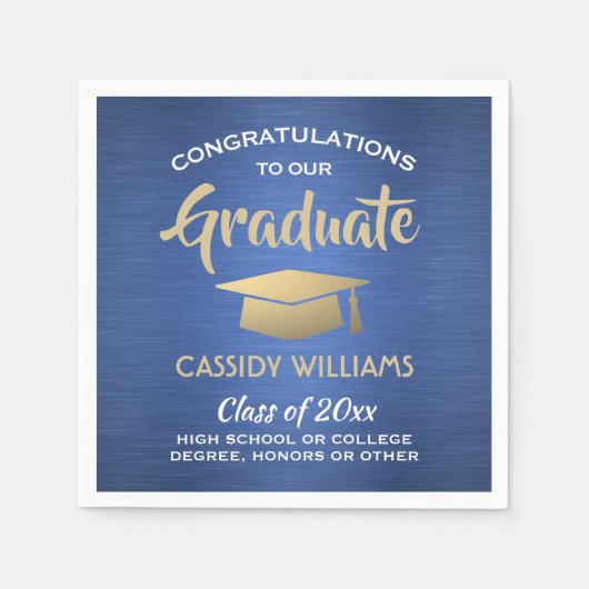 おめでとうございますブルー金ゴールドホワイトモダン卒業 スタンダードカクテルナプキン (正面)