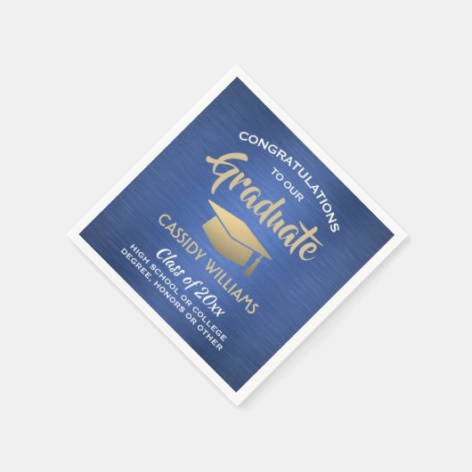 おめでとうございますブルー金ゴールドホワイトモダン卒業 スタンダードカクテルナプキン (角)