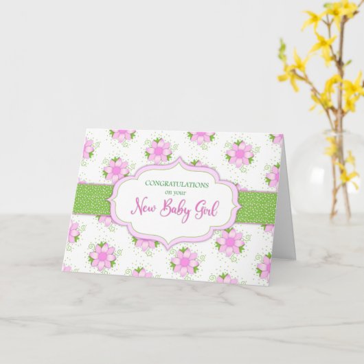 おめでとうございますベビーガールソフトピンクデイジー花 カード (黄色い花)