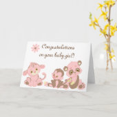 おめでとうございますベビーガール新しい動物ノートピンク カード (黄色い花)