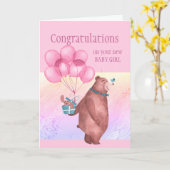 おめでとうございますベビーガール楽しいテディベアバルーン カード (黄色い花)