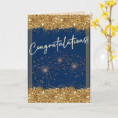 おめでとうございます卒業ブルー金ゴールドスパークル カード (黄色い花)