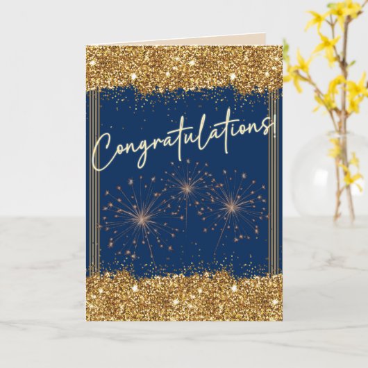 おめでとうございます卒業ブルー金ゴールドスパークル カード (黄色い花)