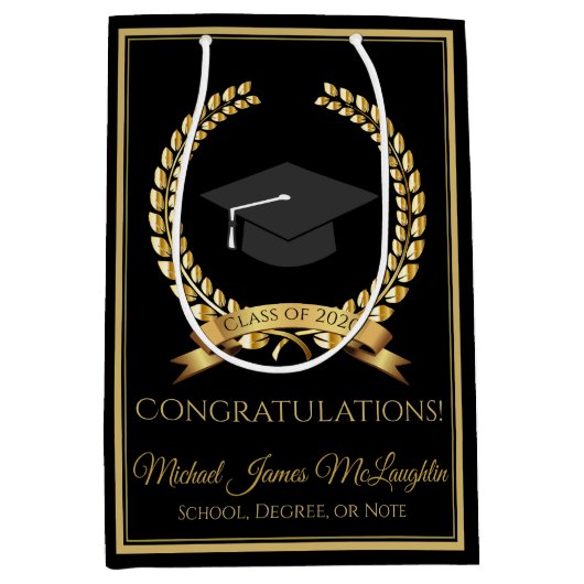 おめでとうございます卒業抱き枕金ゴールドオンブラック ミディアムペーパーバッグ (正面)