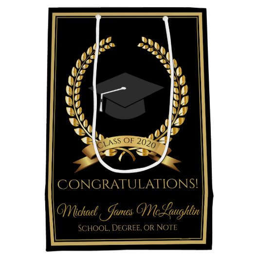 おめでとうございます卒業抱き枕金ゴールドオンブラック ミディアムペーパーバッグ (裏面)