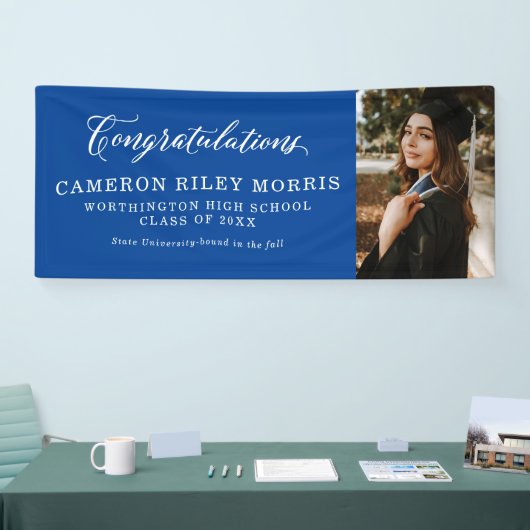 おめでとうございます卒業生の青い卒業写真 横断幕 (トレードショー)
