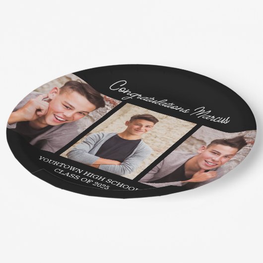 おめでとうございます大学院ブラック3写真パーティー ペーパープレート (アングル)