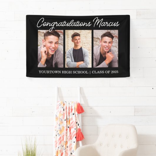 おめでとうございます大学院ブラック3写真パーティー 横断幕 (インサイチュ)