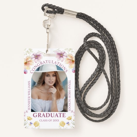 おめでとうございます大学院水彩フローラ写真 バッジ (裏面ランヤード)