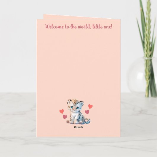 おめでとうございます女の子かわいいヒョウのピンク カード (裏面)