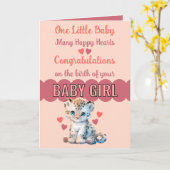 おめでとうございます女の子かわいいヒョウのピンク カード (黄色い花)