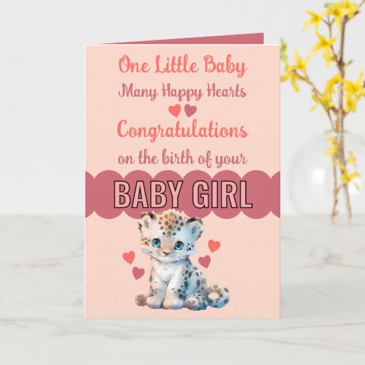 おめでとうございます女の子かわいいヒョウのピンク カード (黄色い花)