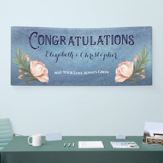 おめでとうございます婚約パーティピンクローズフラワー 横断幕 (トレードショー)