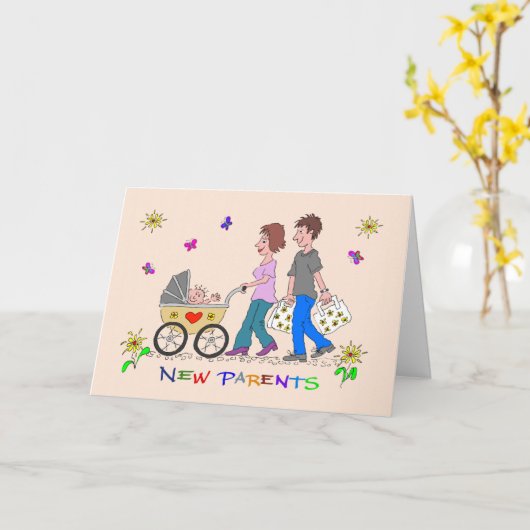 おめでとうございます新しい親にこやかな家族の漫画 カード (黄色い花)