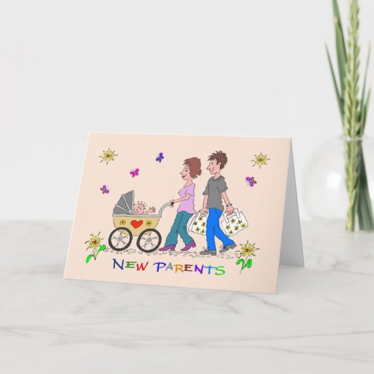 おめでとうございます新しい親にこやかな家族の漫画 カード (正面)
