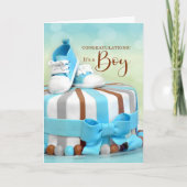おめでとうございます新生児少年ブルー&ブラウン カード (正面)