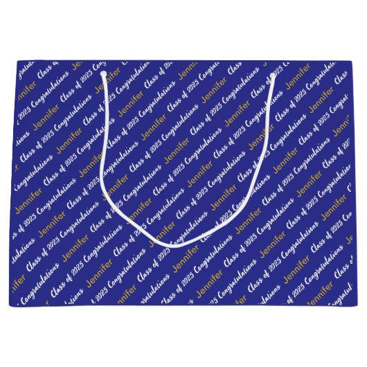 おめでとうございます深いブルーホワイト金ゴールドクラス2025 ラージペーパーバッグ (正面)