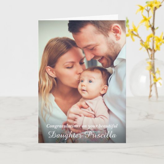 おめでとうございます生まれたばかりのベビーフォトカスタム カード (黄色い花)