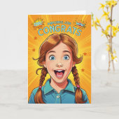 おめでとうございます素晴らしい仕事の若い赤毛の少女 カード (黄色い花)