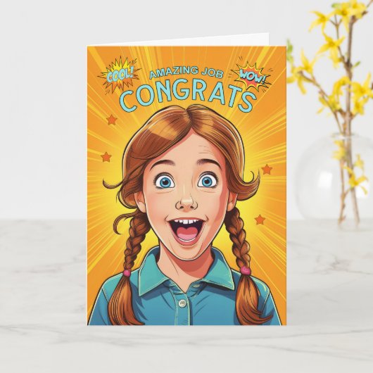 おめでとうございます素晴らしい仕事の若い赤毛の少女 カード (黄色い花)