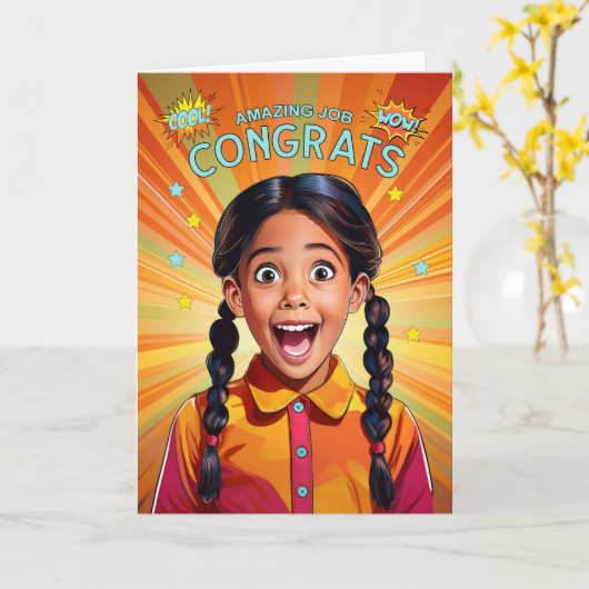 おめでとうございます素晴らしい仕事ラテンアメリカの女の子 カード (黄色い花)