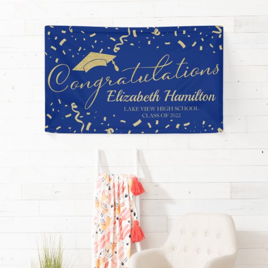 おめでとうございます金ゴールドと青い卒業バナー 横断幕 (インサイチュ)
