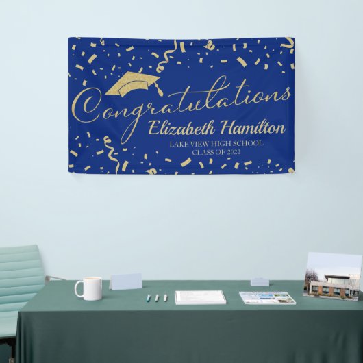 おめでとうございます金ゴールドと青い卒業バナー 横断幕 (トレードショー)
