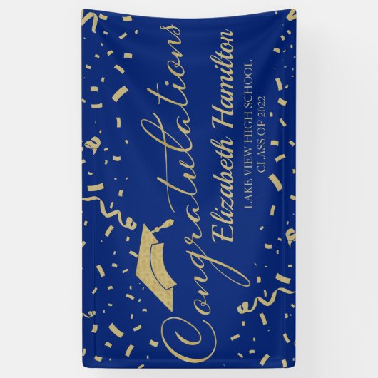おめでとうございます金ゴールドと青い卒業バナー 横断幕 (縦)