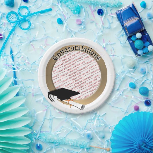 'おめでとうございます'金ゴールドの卒業写真フレーム ペーパープレート (パーティー)