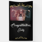 おめでとうございます金ゴールドオーナメント写真卒業 横断幕 (縦)