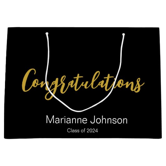 おめでとうございます金ゴールド白黒大学院名 ラージペーパーバッグ (正面)