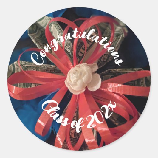 おめでとうございます202xお金のステッカー赤 ラウンドシール (正面)