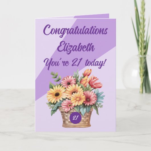 おめでとうございます21今日フローラ紫の誕生日 カード (正面)