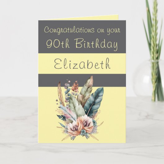 おめでとうございます90歳の誕生日フローラ灰色の黄色 カード (正面)