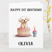 おめでとうございます、お名前と子犬。 カード (黄色い花)