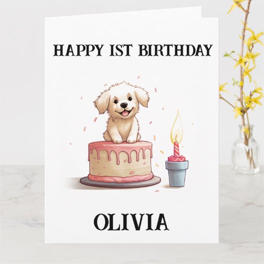 おめでとうございます、お名前と子犬。 カード (黄色い花)