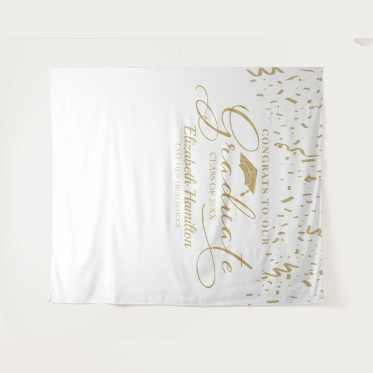 おめでとうございます！卒業生のゴールデンとホワイトの背景 タペストリー (正面(横))