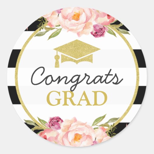 おめでとうございます！卒業生 | 花柄ストライプの豪華な卒業式 ラウンドシール (正面)