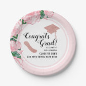 おめでとうございます 卒業 2026 白 ピンク 花模様 卒業式 ペーパープレート (正面)
