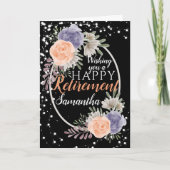 おめでとうございます　定年退職 ピンクとパープルの芍薬の花のブラックカード カード (正面)