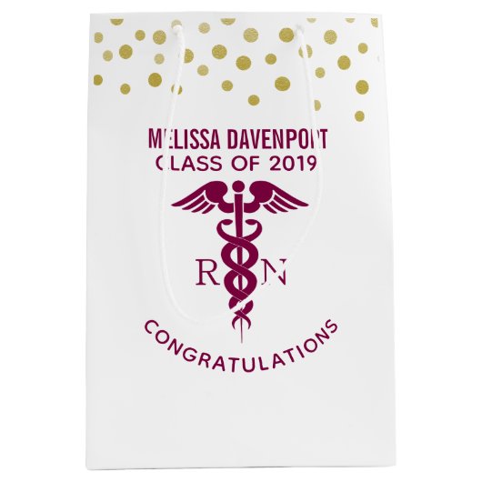 おめでとうございますRNナース大学院赤カドゥセウス ミディアムペーパーバッグ (正面)