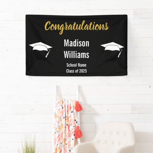 おめでとうのスクリプト金ゴールド白黒のグラード名 横断幕 (インサイチュ)