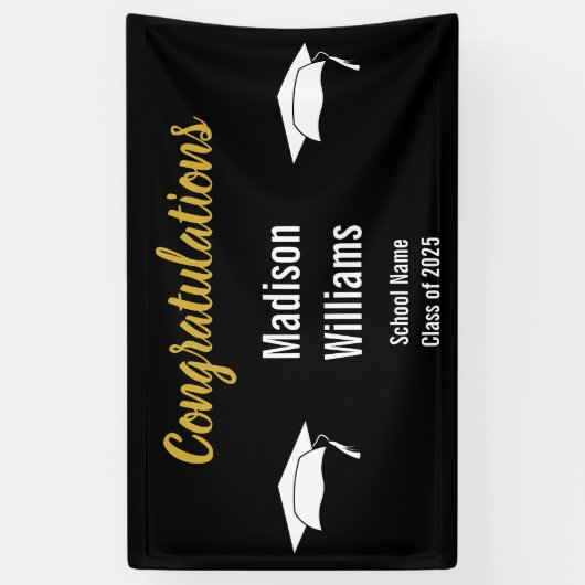 おめでとうのスクリプト金ゴールド白黒のグラード名 横断幕 (縦)