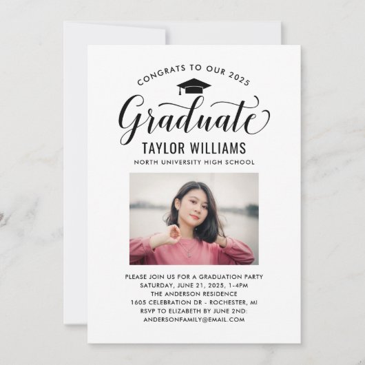 おめでとうのブラックスクリプトの写真 招待状 (正面)