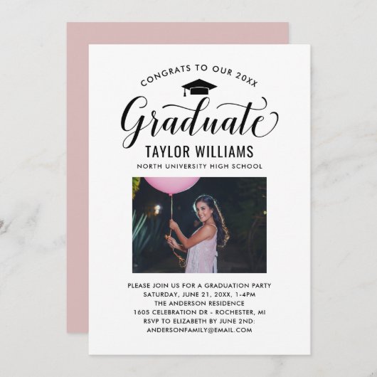 おめでとうのブラックスクリプトの写真 招待状 (正面/裏面)