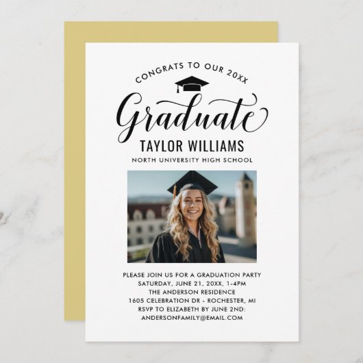 おめでとうのブラックスクリプトの写真 招待状 (正面/裏面)