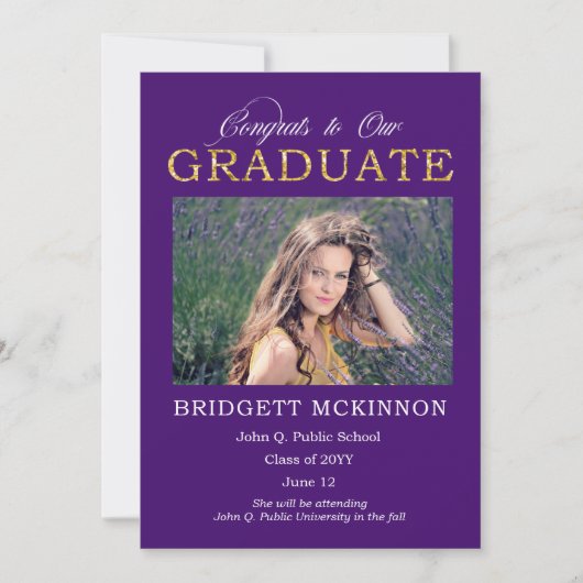 おめでとうの卒業生へのフェイク金ゴールドグリッター紫 案内状 (正面)