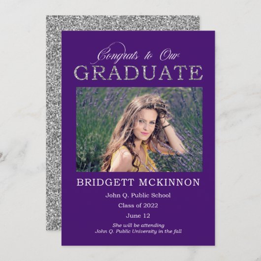 おめでとうは大学院シルバーグリッターパープル 案内状 (正面/裏面)