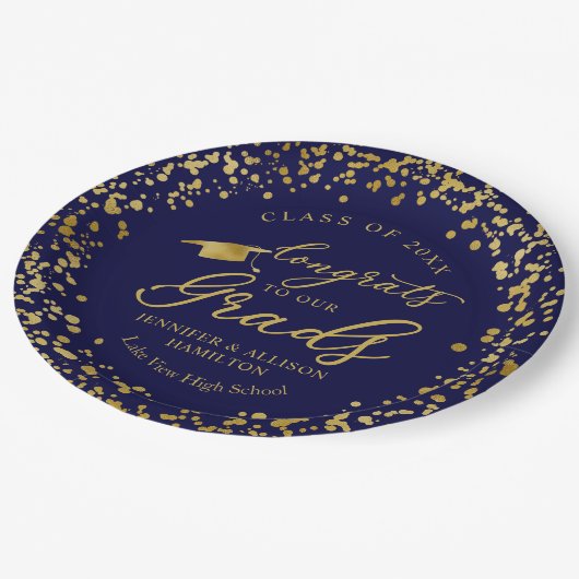 おめでとうは私たちのグラデーション金ゴールドブルーツイン卒業 ペーパープレート (アングル)