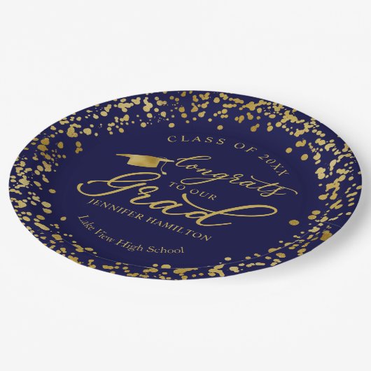 おめでとうは私たちの卒業金ゴールドブルー卒業 ペーパープレート (アングル)